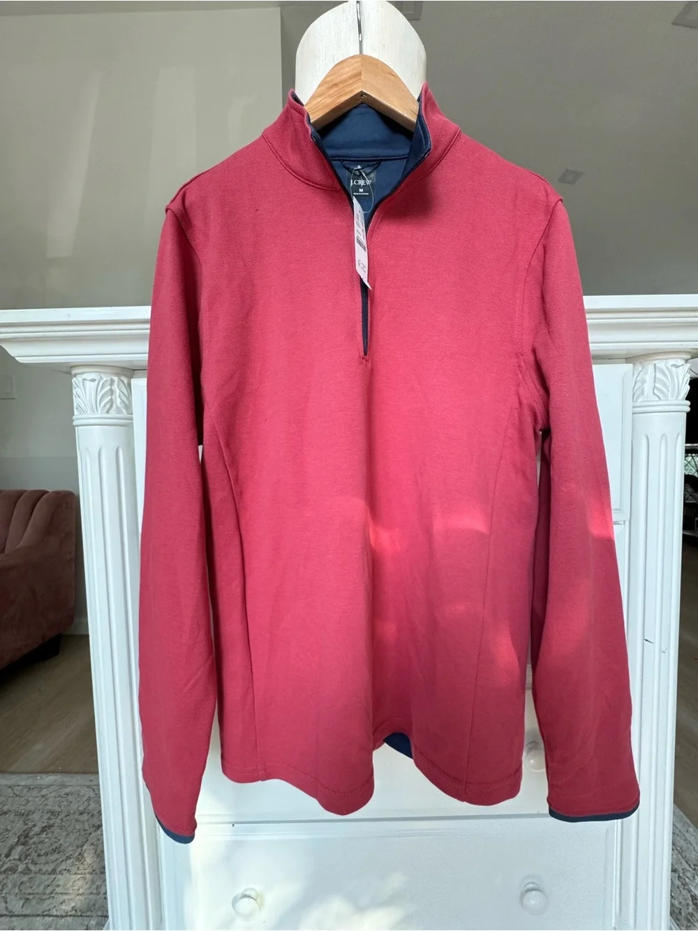 J. Crew Raspberry Quarter-Zip Pullover with Navy Trim NWT size M